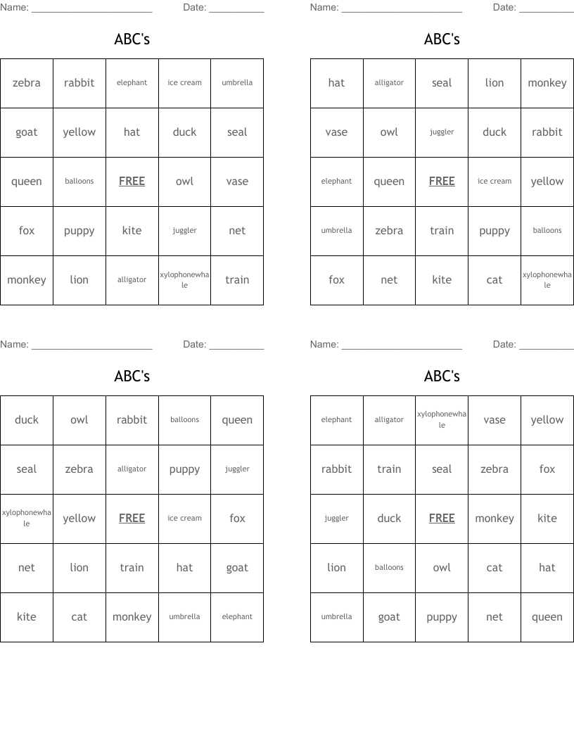 ABC's Bingo Cards