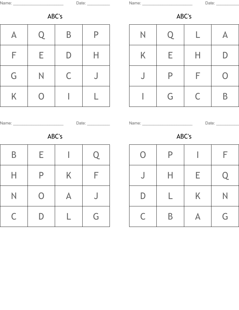 ABC's Bingo Cards