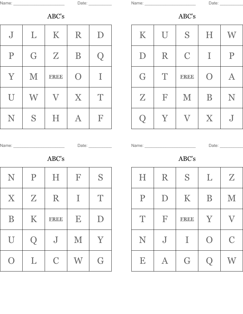 ABC's Bingo Cards