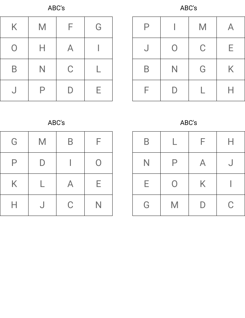ABC's  Bingo Cards