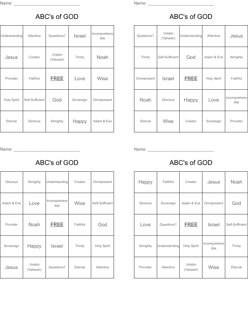 ABC's of GOD Bingo Cards
