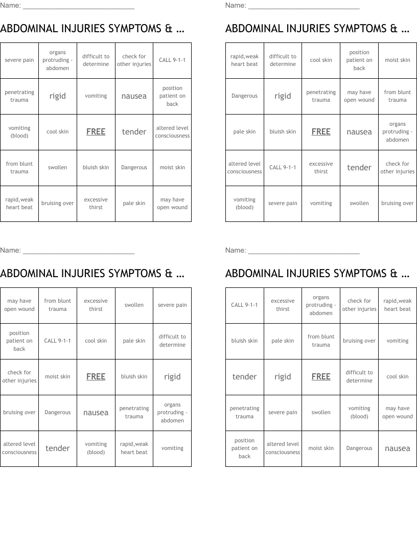 ABDOMINAL INJURIES SYMPTOMS & MORE Bingo Cards