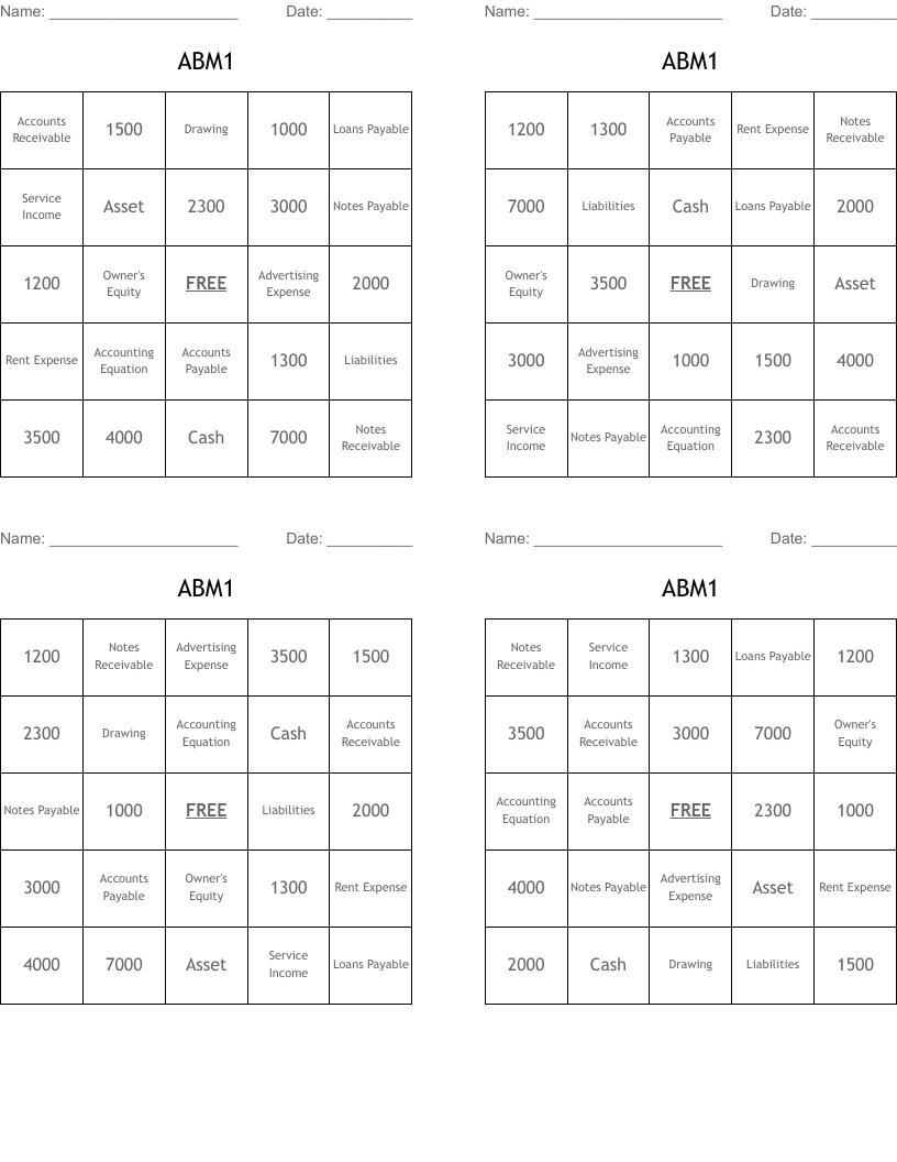 ABM1 Bingo Cards