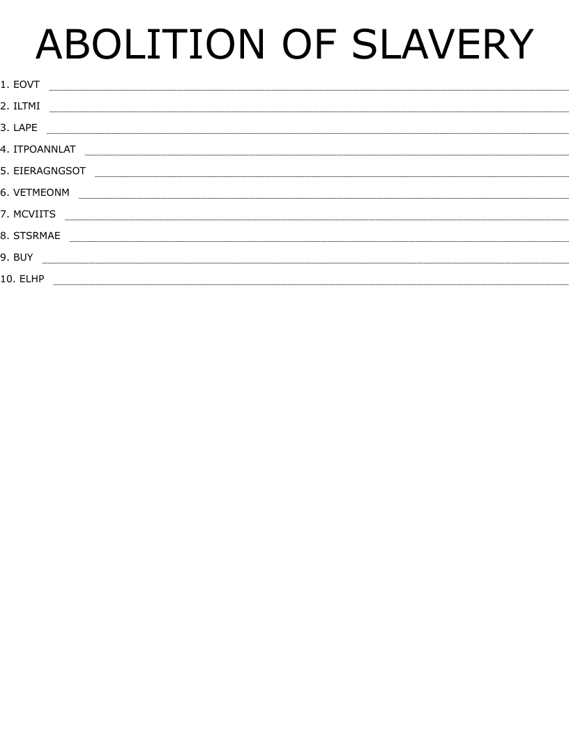 ABOLITION OF SLAVERY Word Scramble