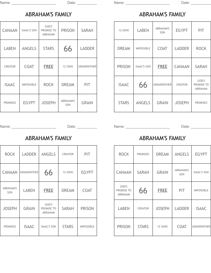 ABRAHAM'S FAMILY Bingo Cards