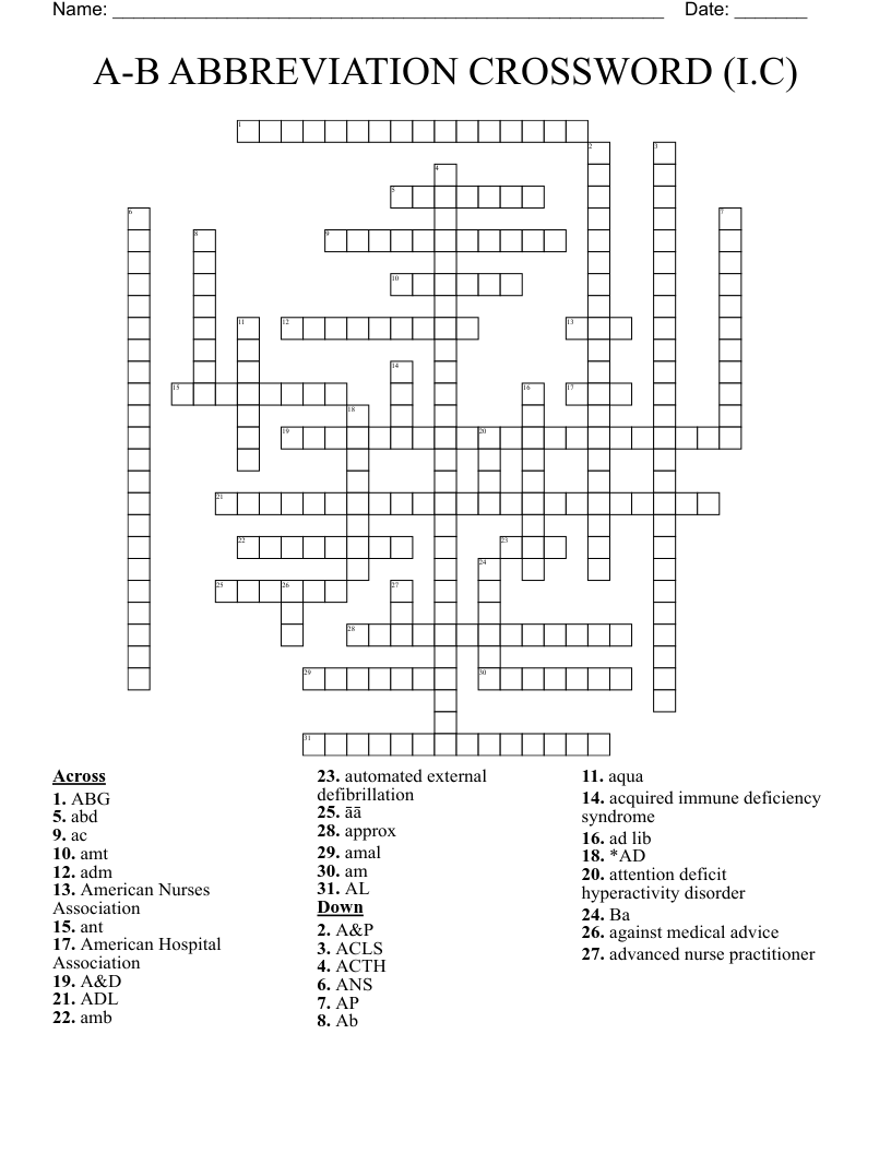 A-B ABBREVIATION CROSSWORD (I.C)