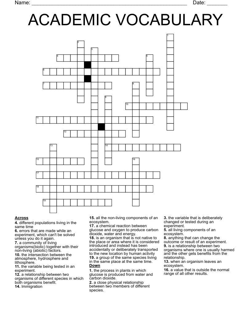ACADEMIC VOCABULARY  Crossword