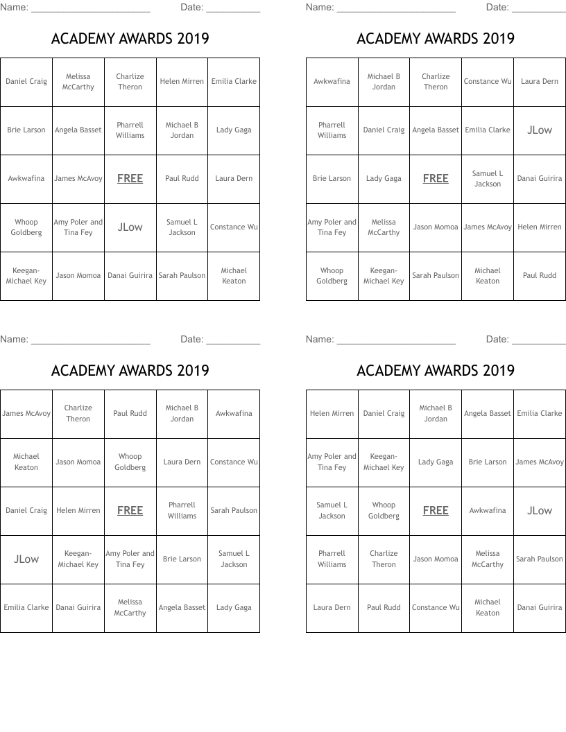 ACADEMY AWARDS 2019 Bingo Cards