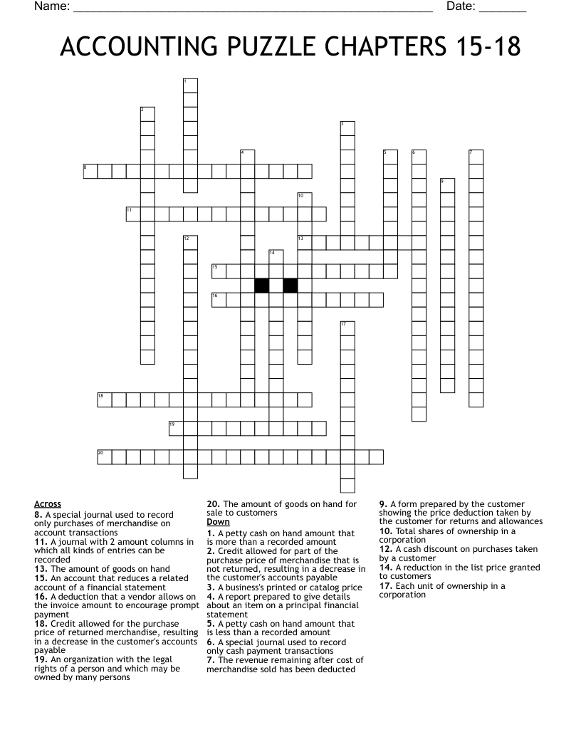 ACCOUNTING PUZZLE CHAPTERS 15-18 Crossword