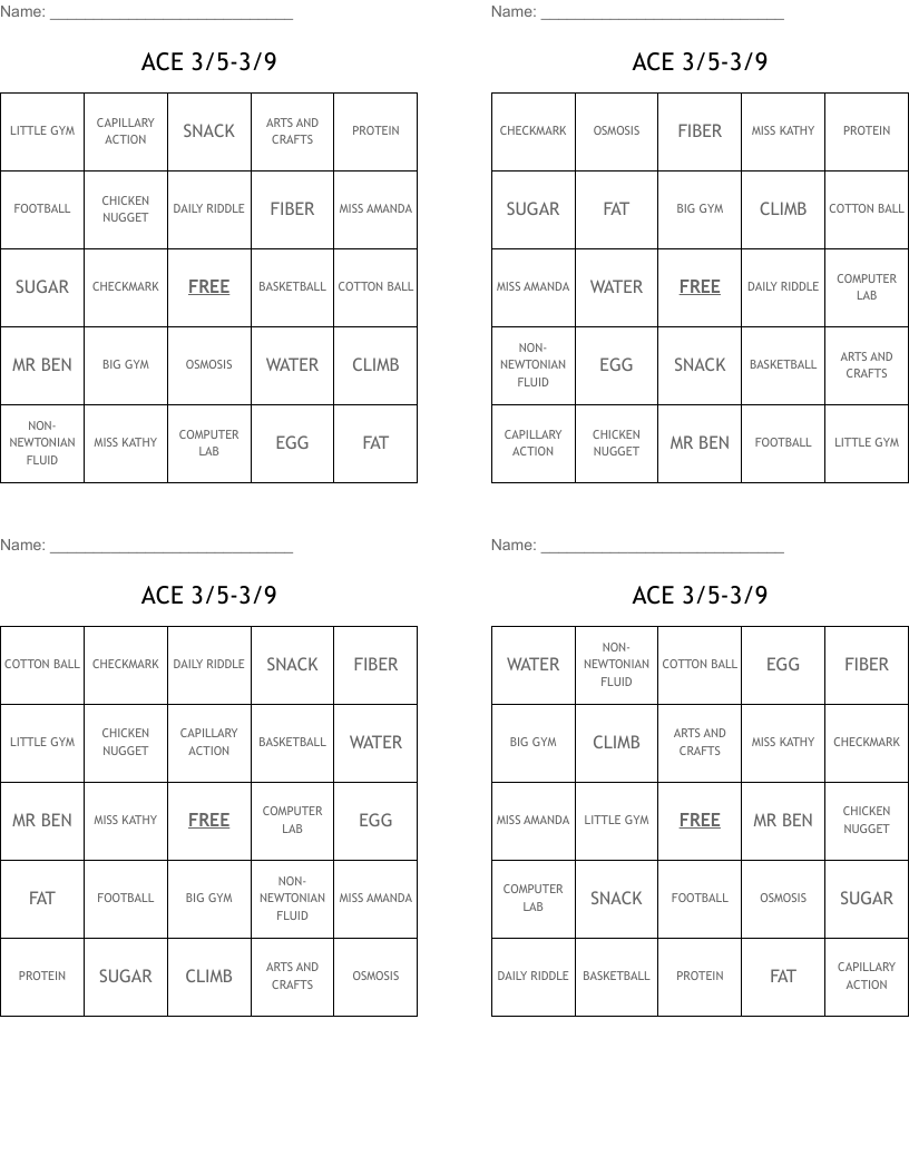 ACE 3/5-3/9 Bingo Cards