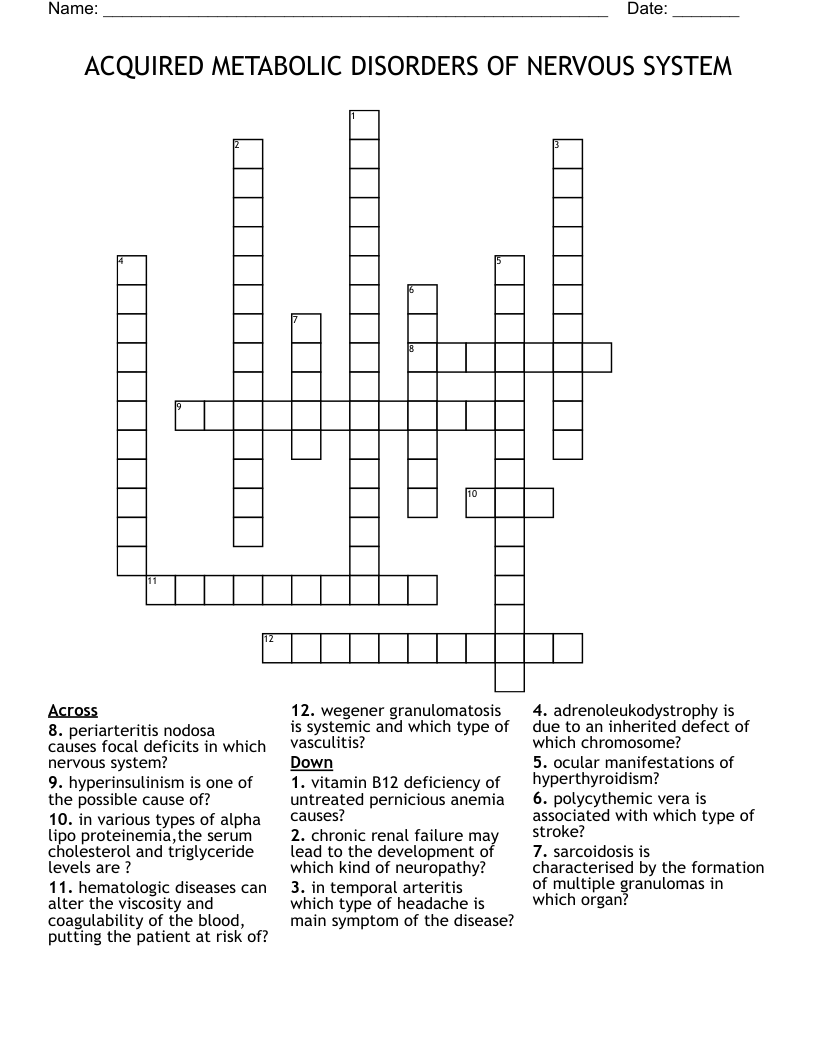 ACQUIRED METABOLIC DISORDERS OF NERVOUS SYSTEM Crossword