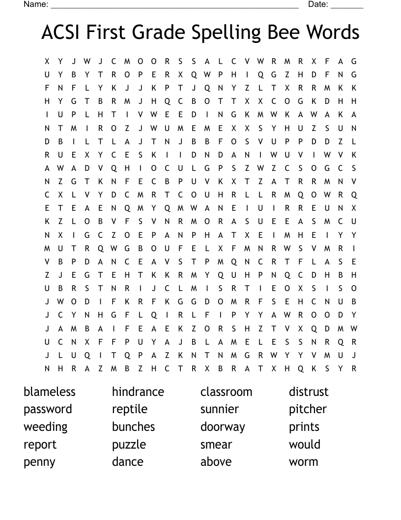 ACSI First Grade Spelling Bee Words Word Search