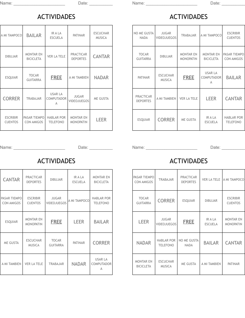 ACTIVIDADES Bingo Cards