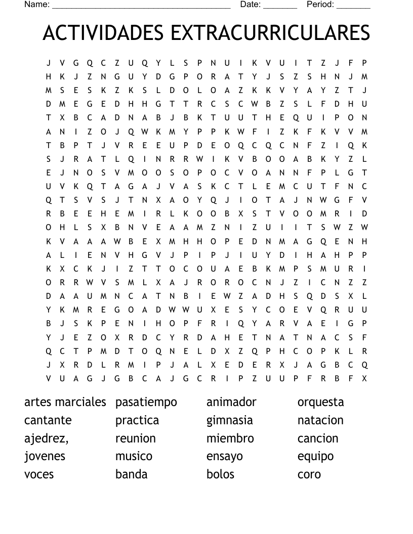 ACTIVIDADES EXTRACURRICULARES Word Search
