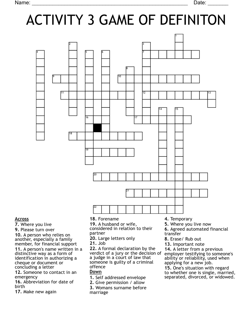 ACTIVITY 3 GAME OF DEFINITON Crossword