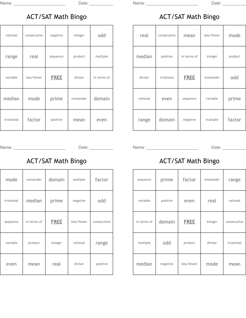 ACT/SAT Math Bingo
