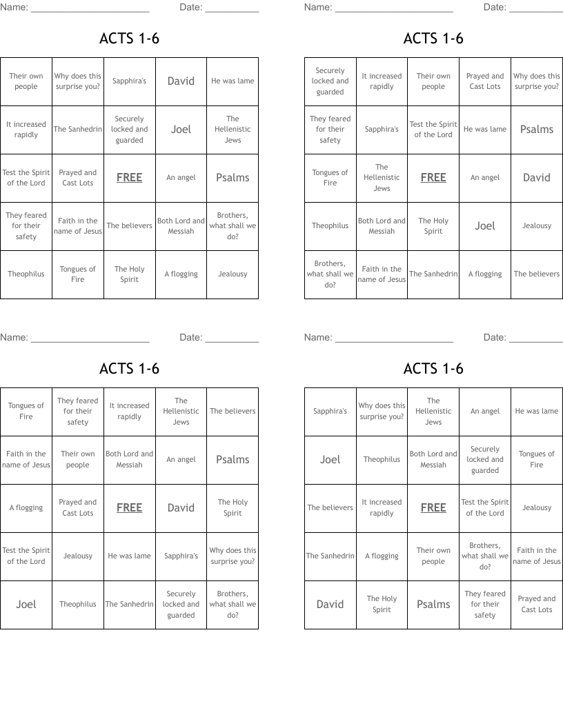 ACTS 1-6 Bingo Cards