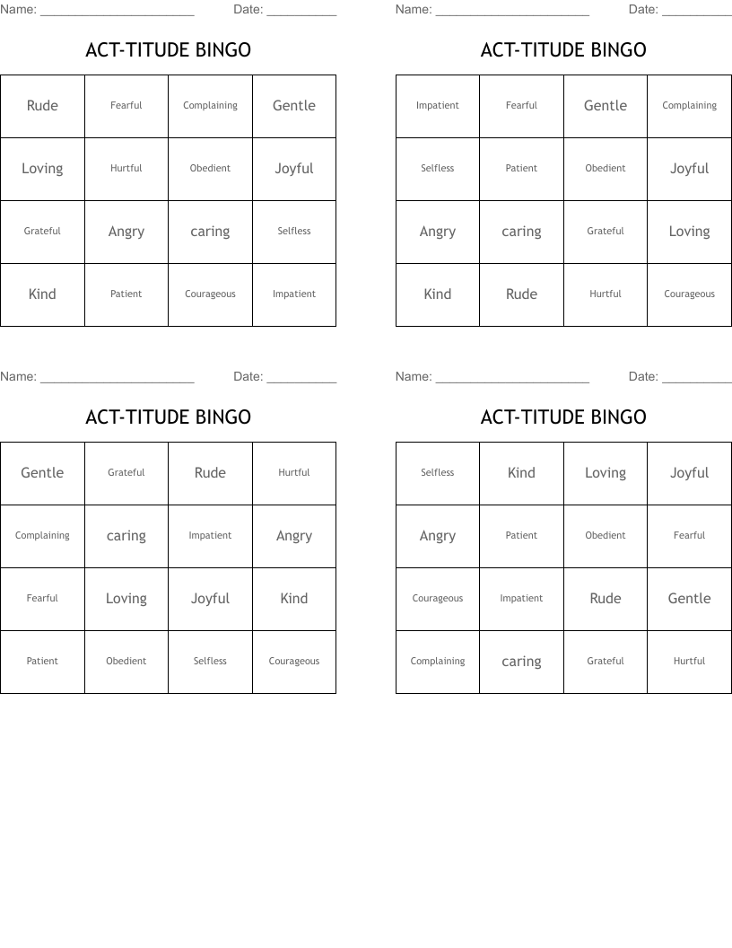 ACT-TITUDE BINGO