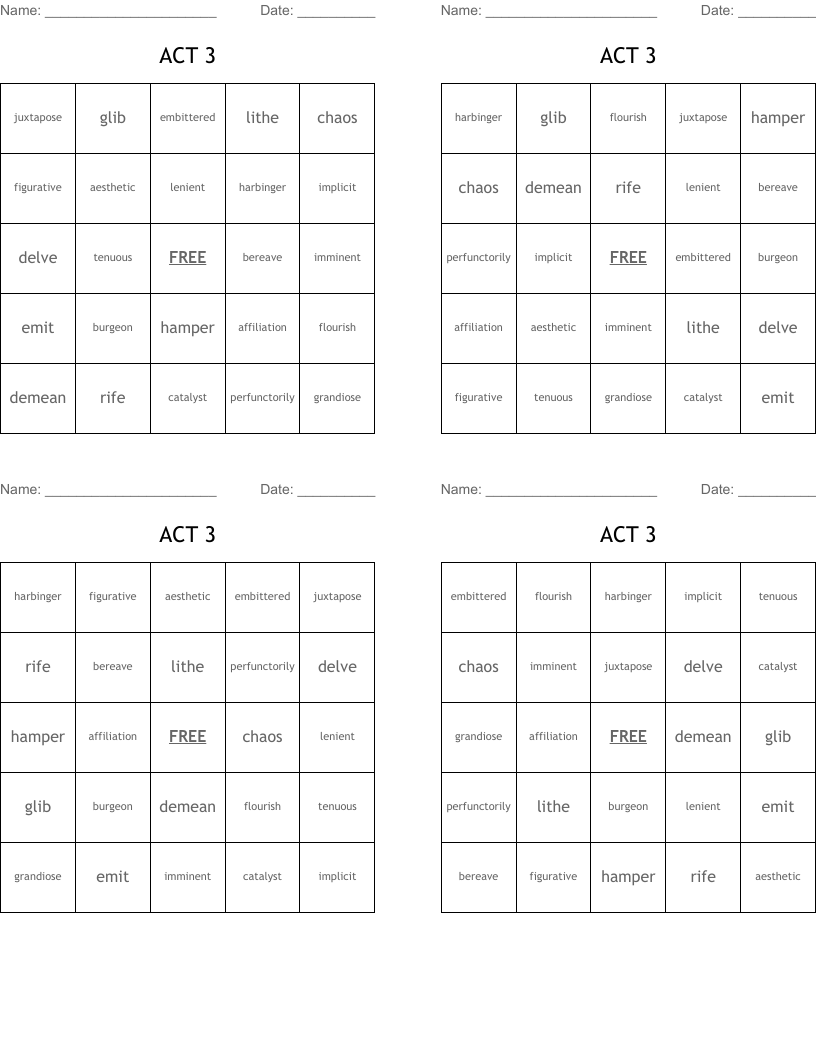 ACT 3 Bingo Cards