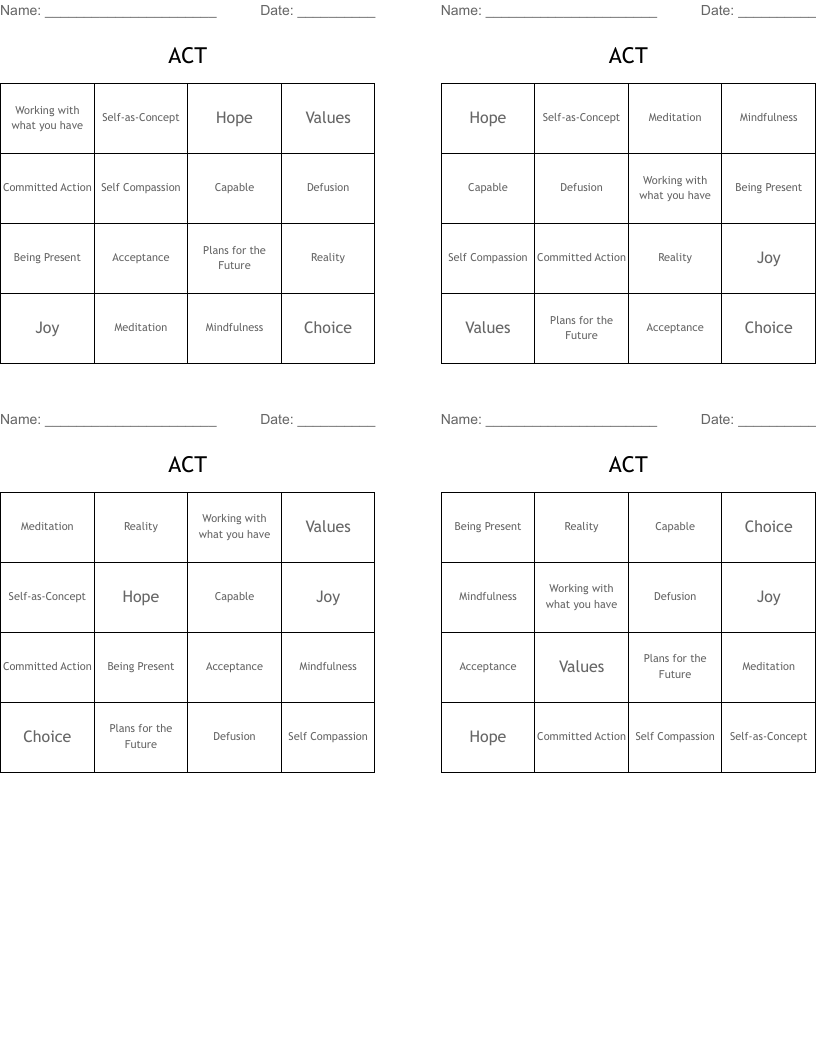 ACT Bingo Cards