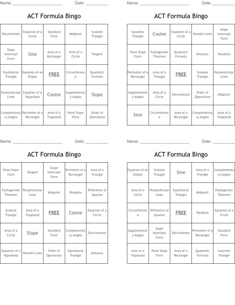 ACT Formula Bingo