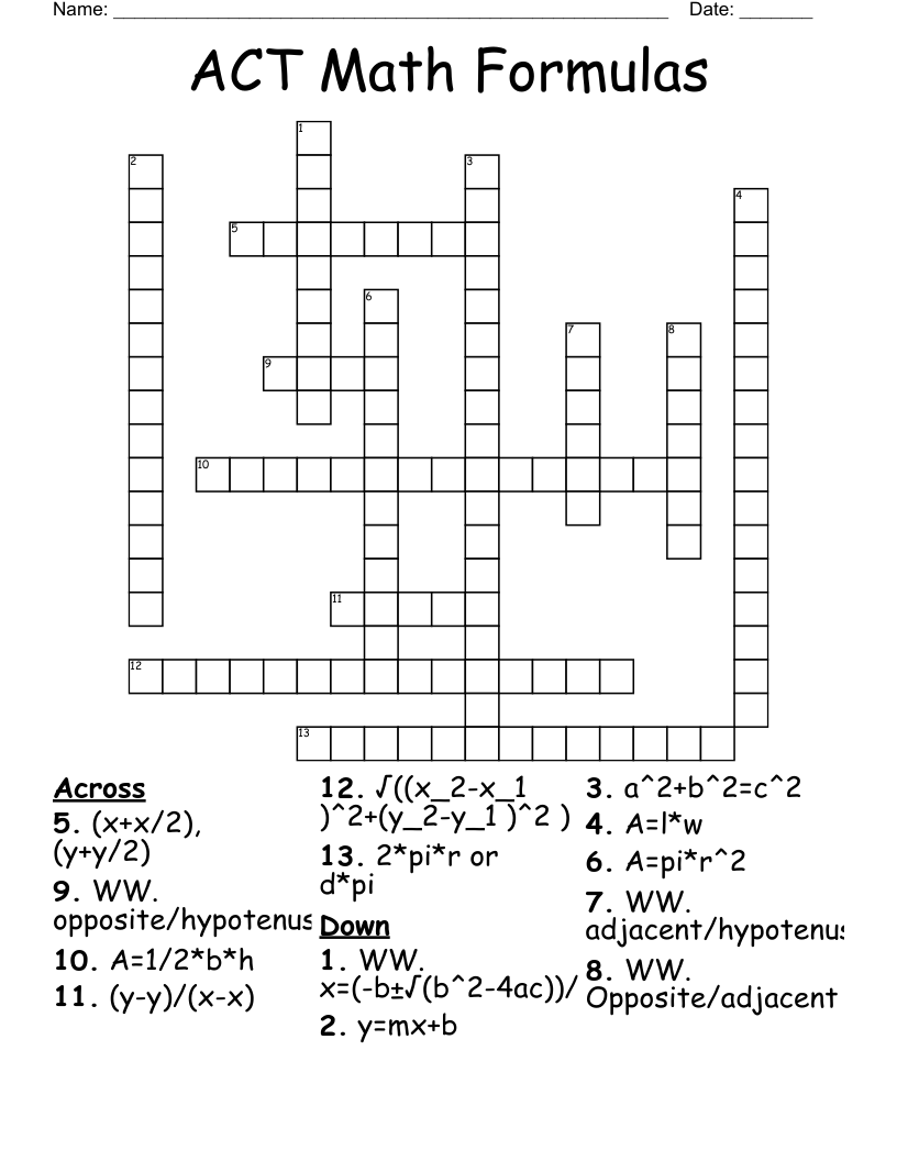 ACT Math Formulas Crossword
