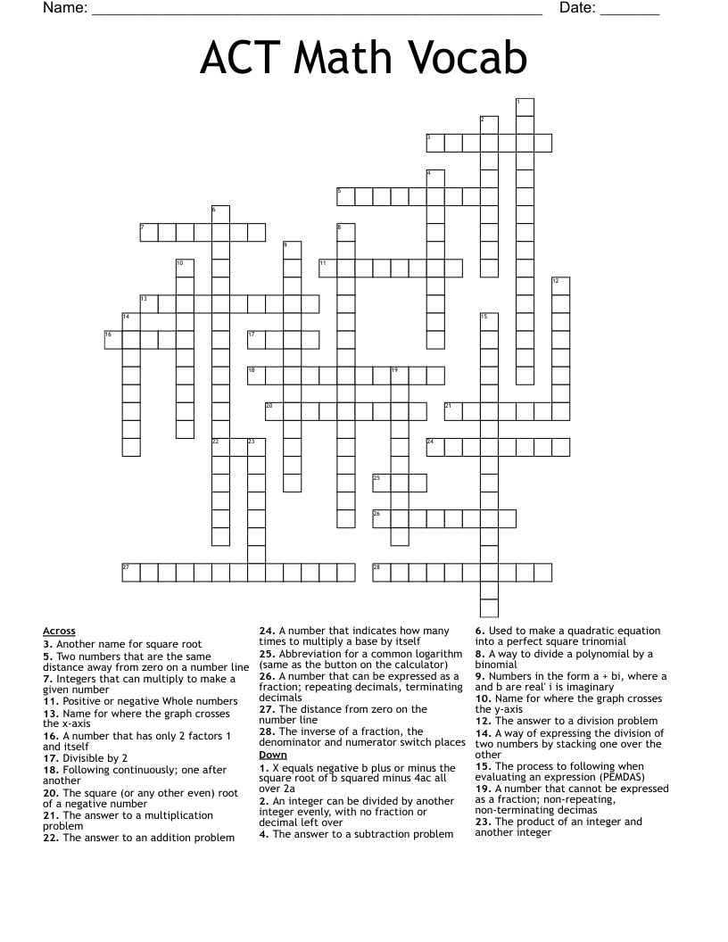 ACT Math Vocab Crossword