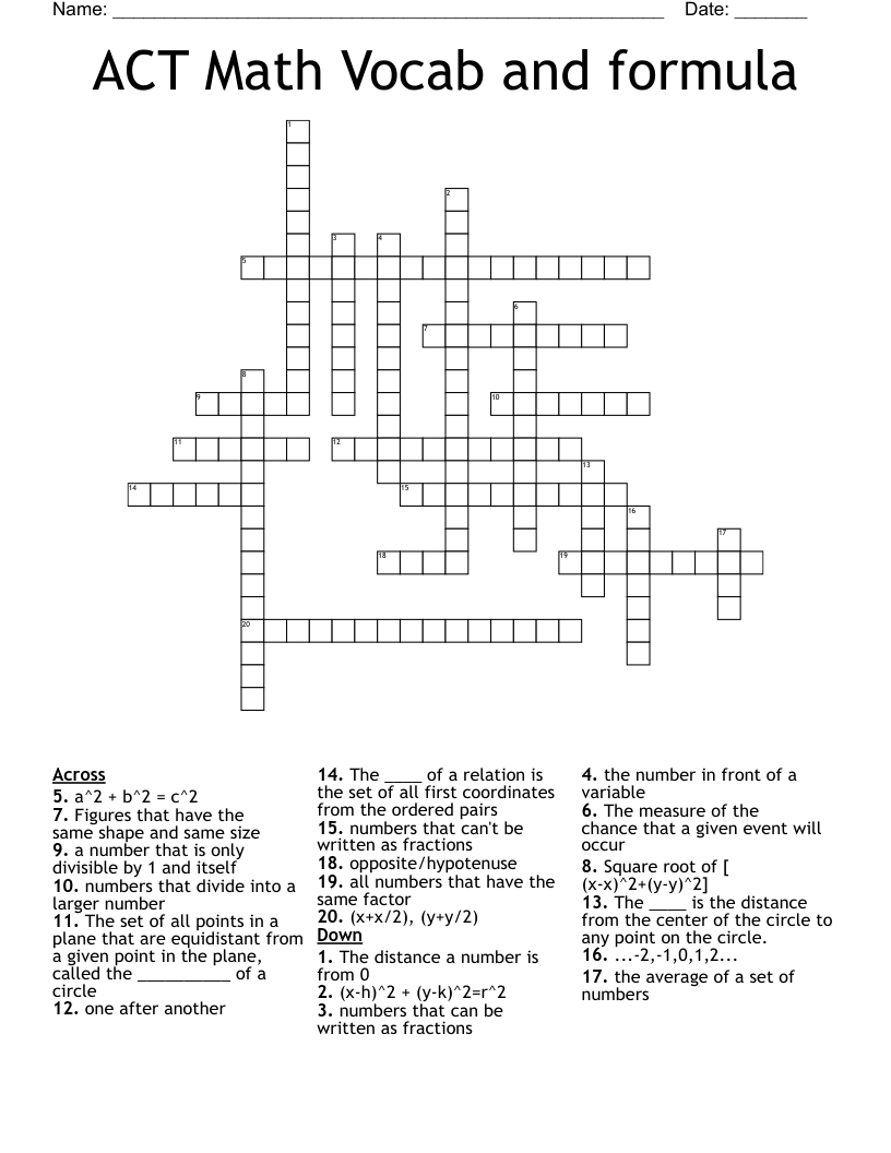 ACT Math Vocab and formula Crossword