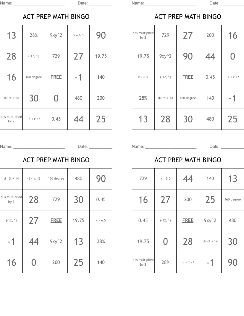 ACT PREP MATH BINGO