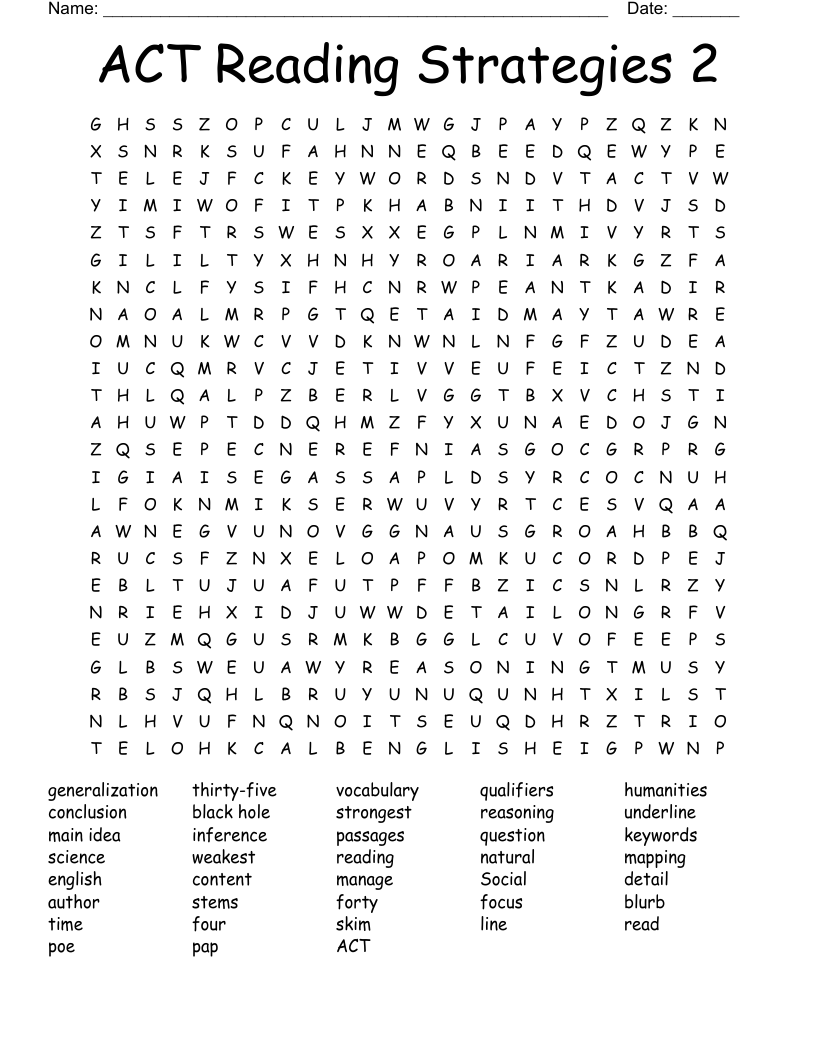 ACT Reading Strategies 2 Word Search