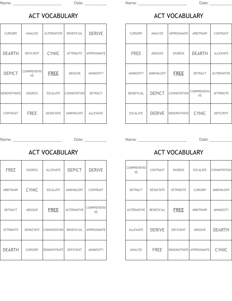 ACT VOCABULARY Bingo Cards