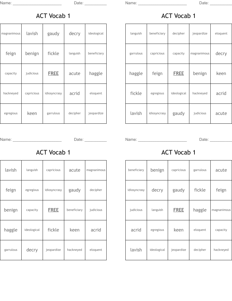 ACT Vocab 1 Bingo Cards