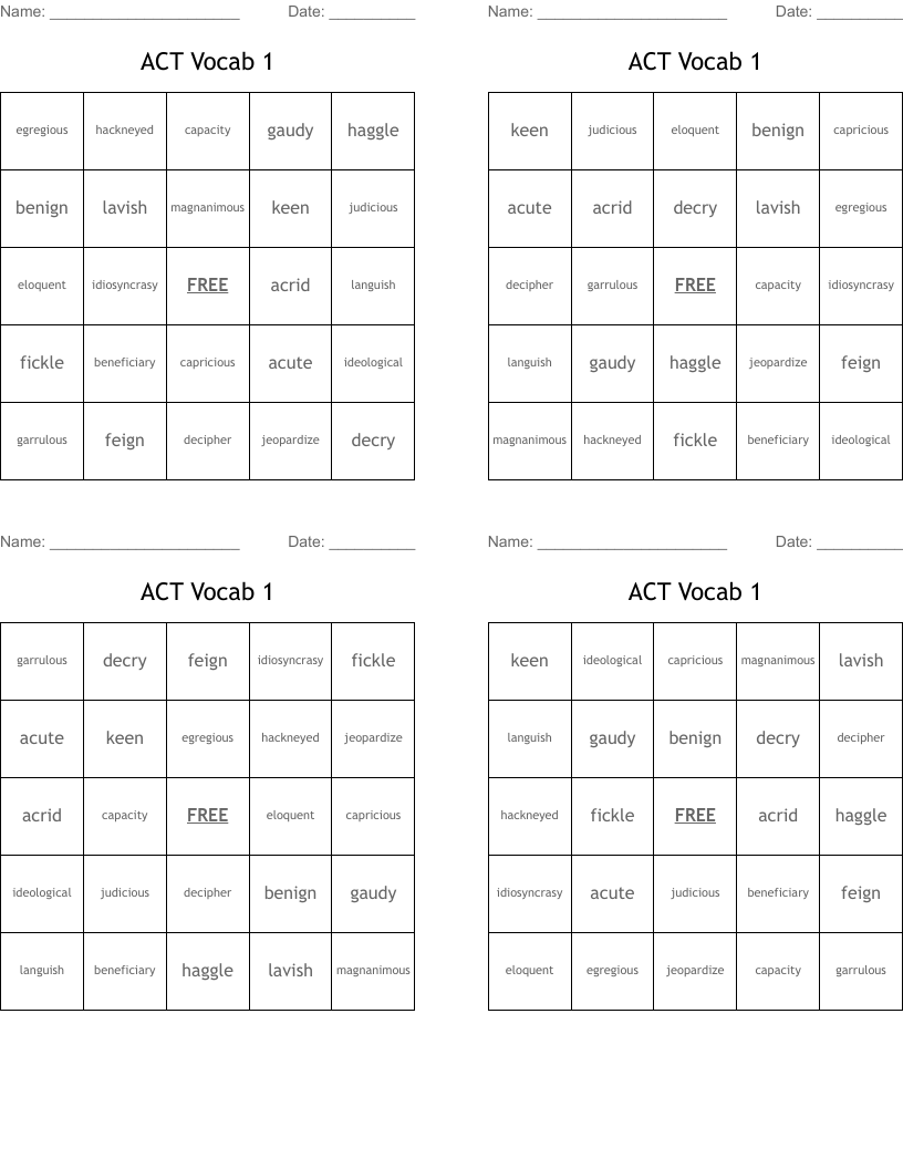 ACT Vocab 1 Bingo Cards