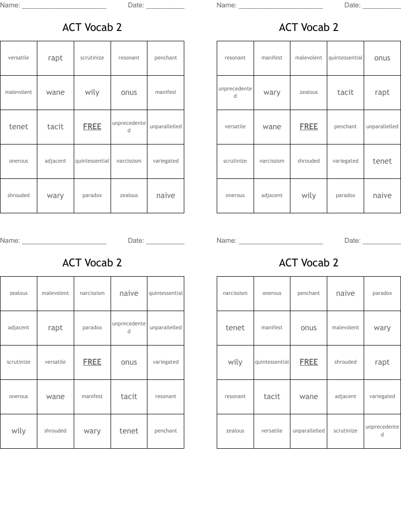 ACT Vocab 2 Bingo Cards