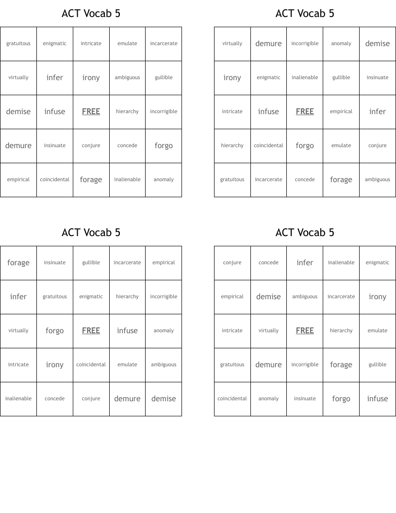 ACT Vocab 5 Bingo Cards