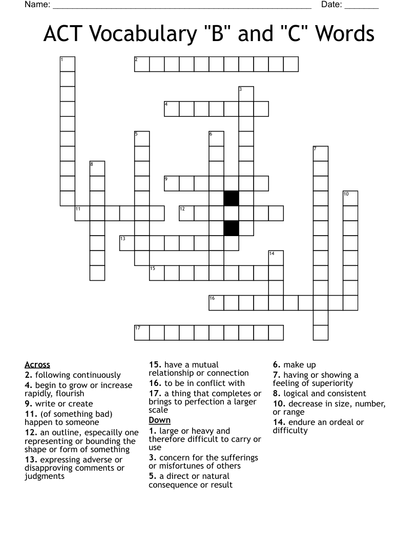 ACT Vocabulary "B" and "C" Words Crossword