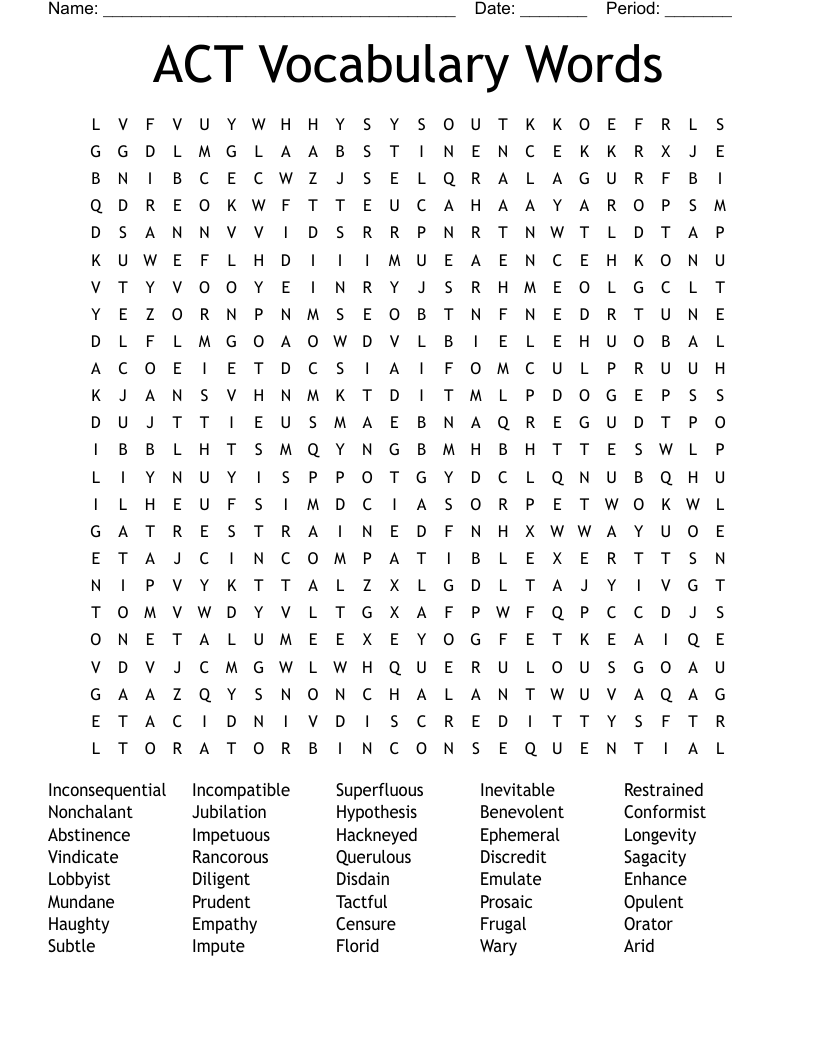 ACT Vocabulary Words Word Search