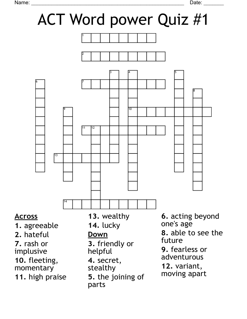 ACT Word power Quiz #1 Crossword