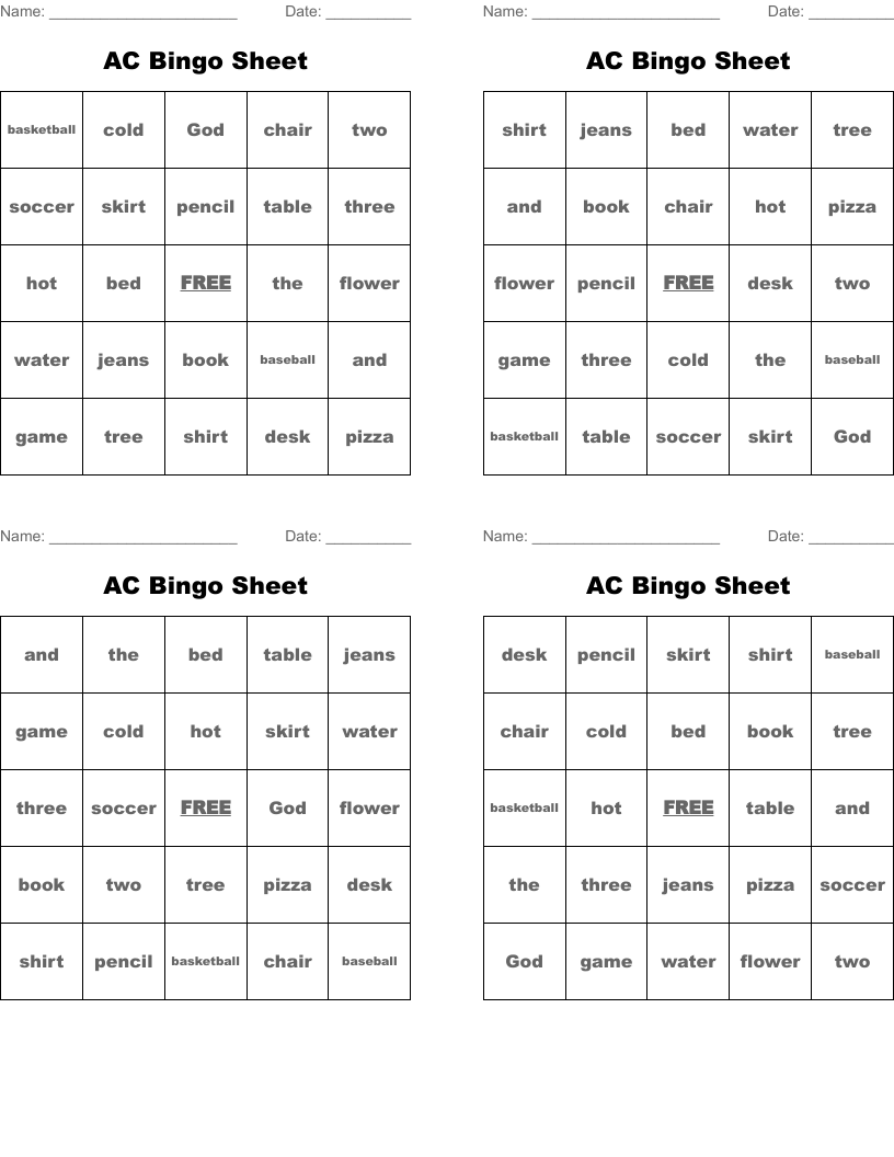 AC Bingo Sheet