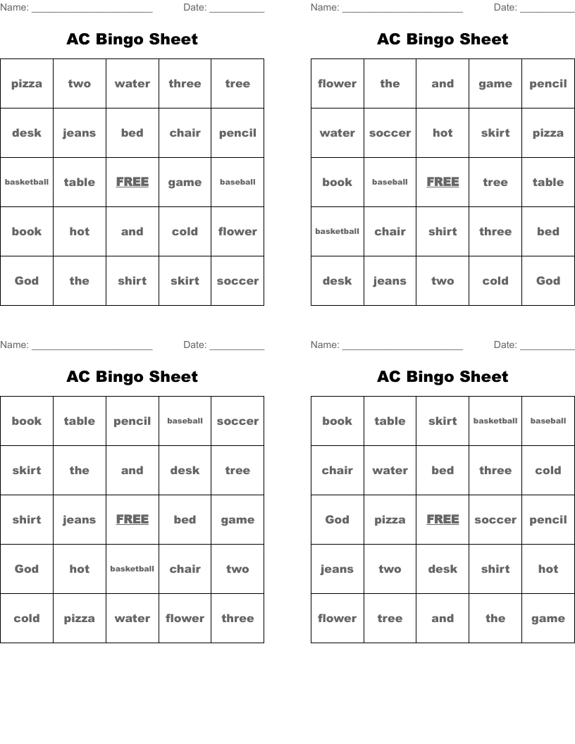 AC Bingo Sheet