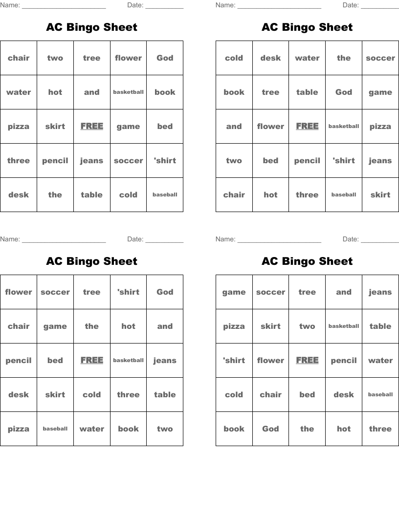 AC Bingo Sheet