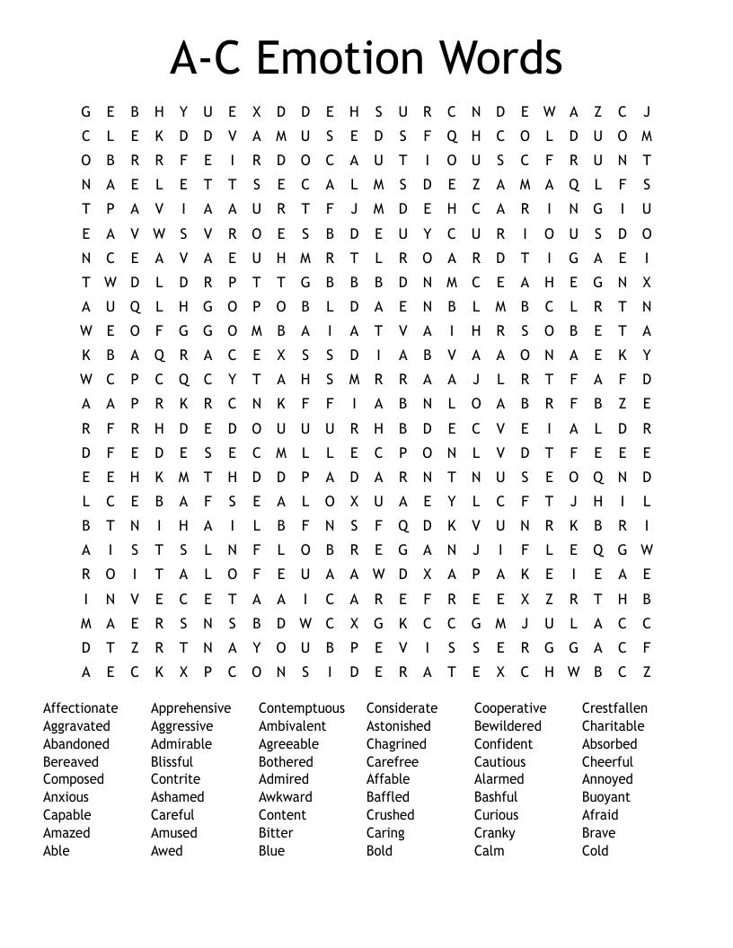 A-C Emotion Words Word Search