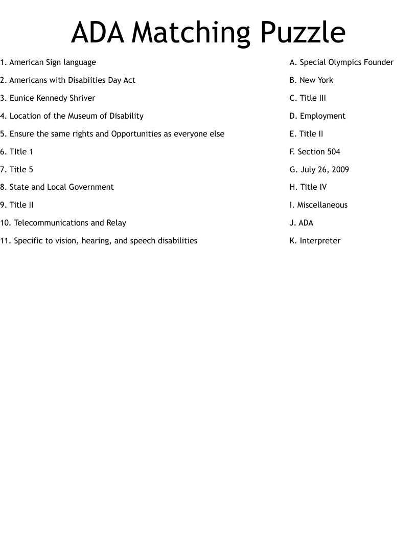 ADA Matching Puzzle Worksheet