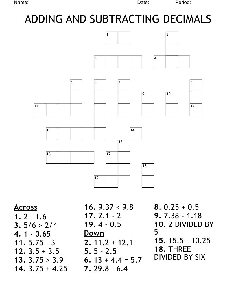 ADDING AND SUBTRACTING DECIMALS Crossword