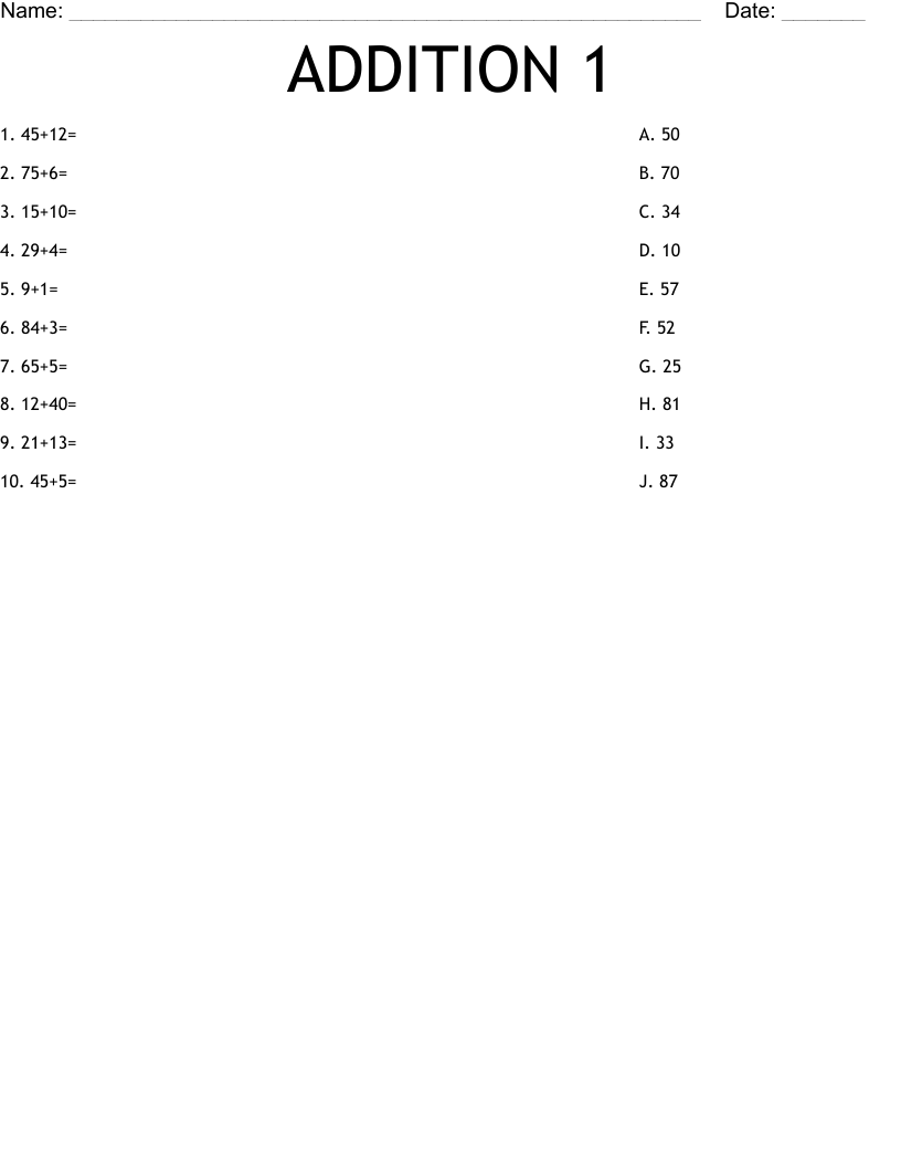 ADDITION 1 Worksheet