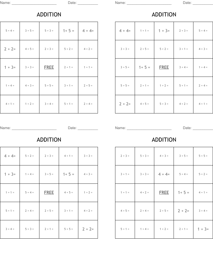 ADDITION Bingo Cards