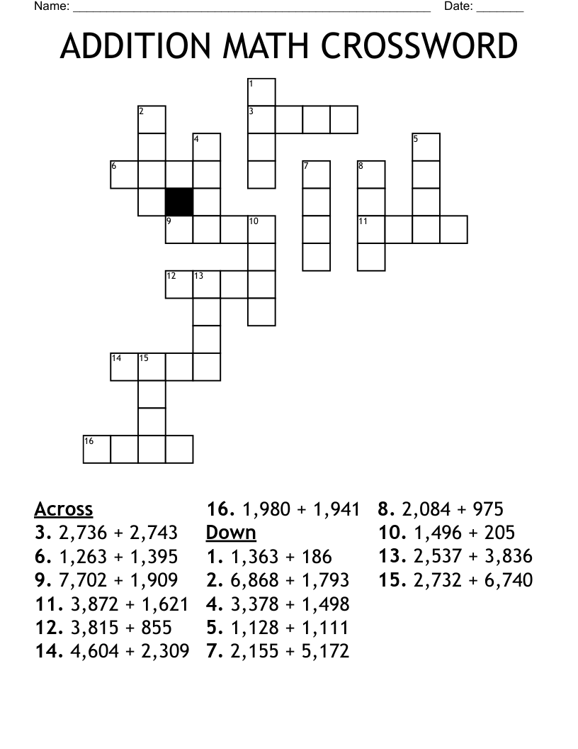 ADDITION MATH CROSSWORD
