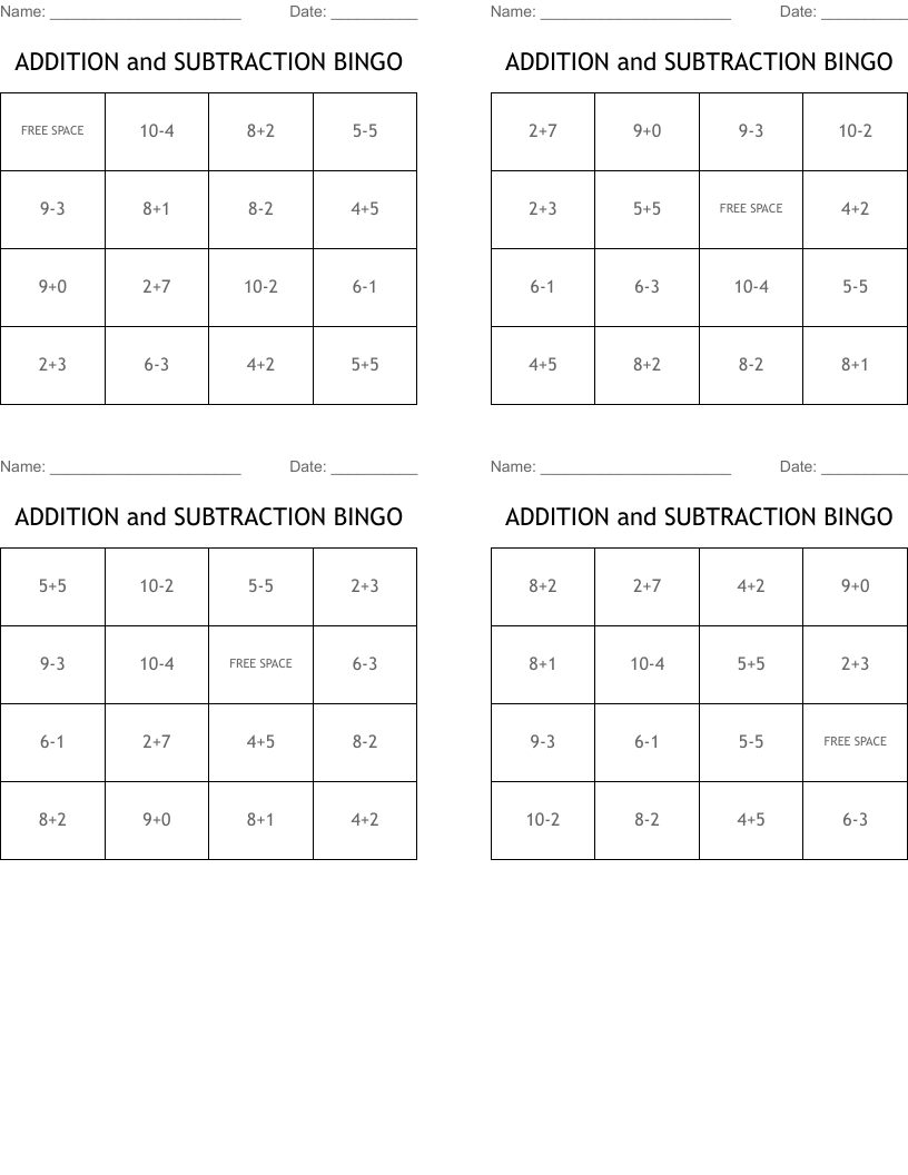 ADDITION and SUBTRACTION BINGO