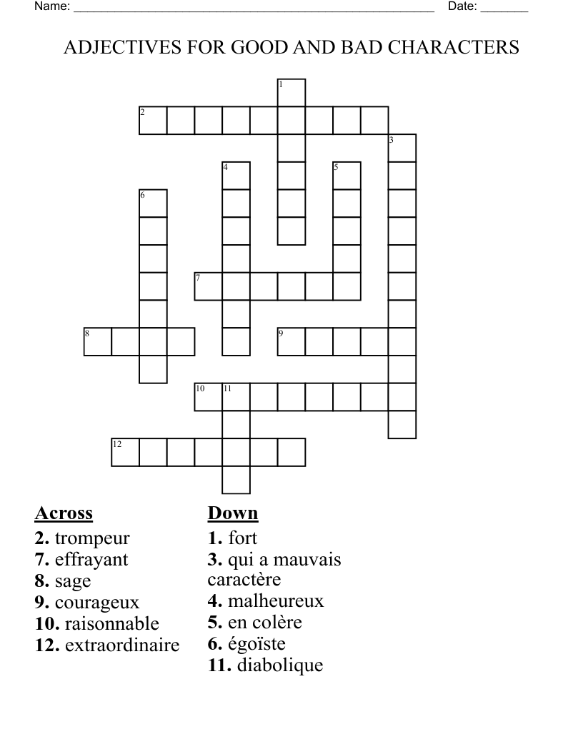 ADJECTIVES FOR GOOD AND BAD CHARACTERS  Crossword