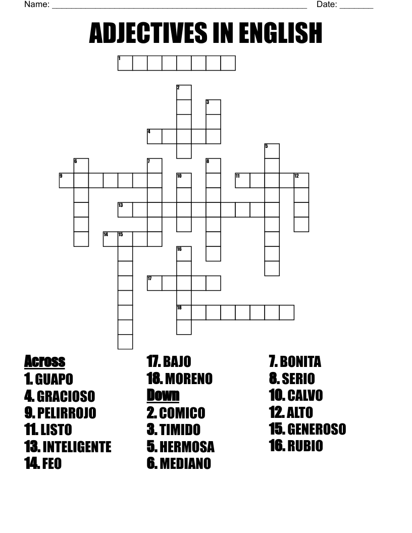 ADJECTIVES IN ENGLISH Crossword